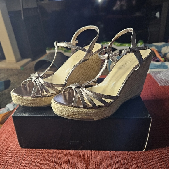 Colin Stuart Victoria's Secret Size 8B Leather Pewter Espadrille Wedge Sandals - Picture 1 of 5